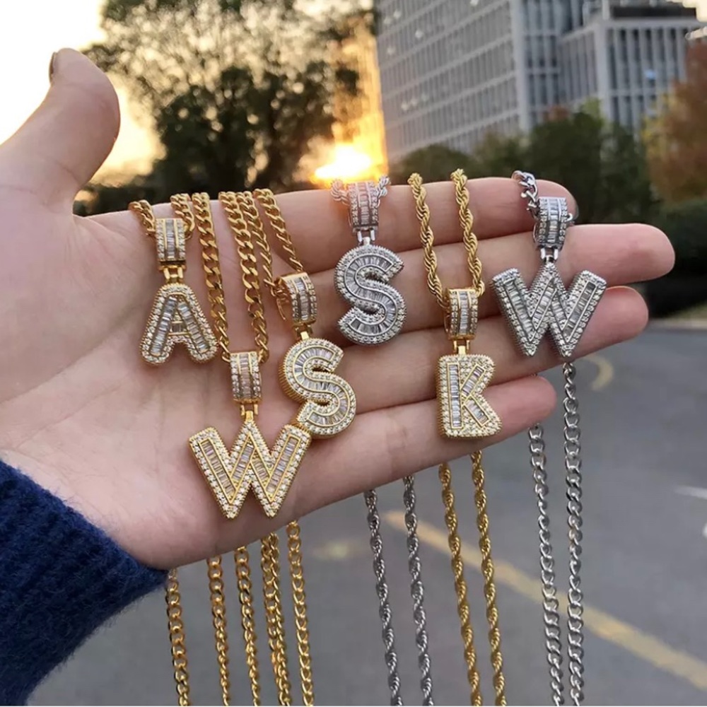 Alphabet necklace, pendant with chain iced out